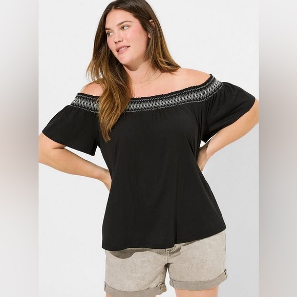 torrid Tops - NWT Torrid Size 1 (1X) Black Cotton Modal Jersey Off Shoulder Smocked Yoke Top